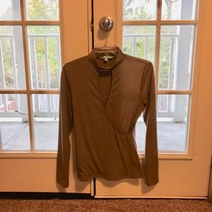 Brown/Tan Mock Neck Long Sleeve Wrap Top
